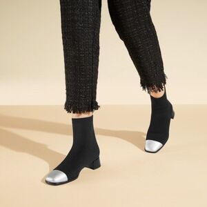 VIVIAIA Sock Boots‎ Black Silver Cap Toe Block Heel Knit Ankle Women Size 7.5